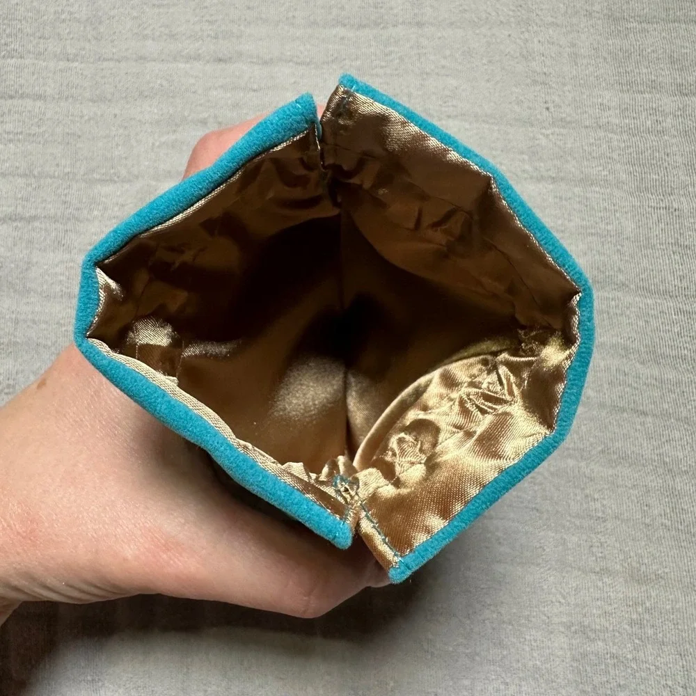 Rustic Cuff Velvet Jewelry Bag Pouch Drawsting Teal and Gold 5.5 x 5